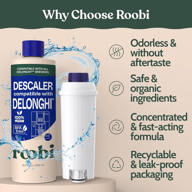 Roobi DeLonghi Compatible Cleaning Descaling Kit. Includes 1 Bottle of Descaling Solution and 4 DeLonghi Filters. Carbon Neutral DeLonghi Cleaner Descaler Kit. 1 Year Supply. - Image 5